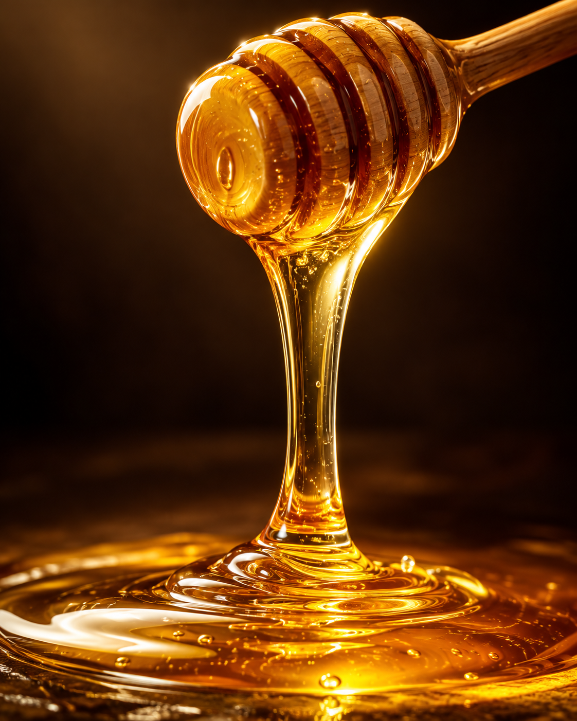 Pure honey flowing from a wooden honey dipper